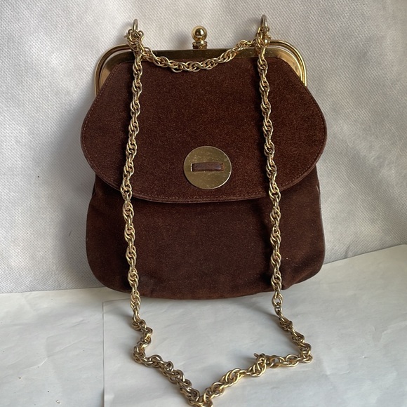 Chic Vintage purse By Triangle NY brown suede gold tone - mod look - Picture 2 of 16